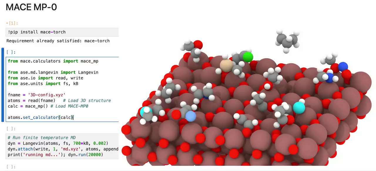 Screen recording of a notebook loading MACE-MP-0 in a few lines of code and running finite-temperature molecular dynamics on an oxide surface with adsorbates